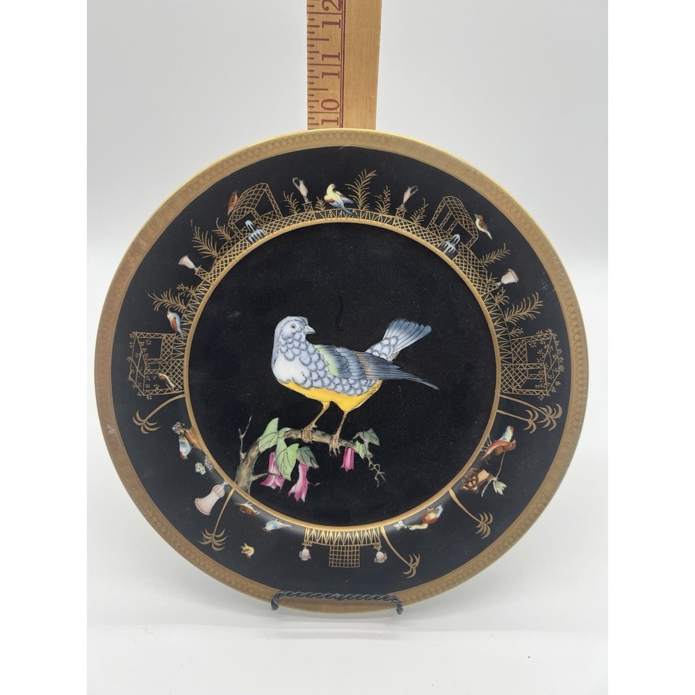 antique porcelain bird plate 1980's, black‎ w/ gold edge, chinese